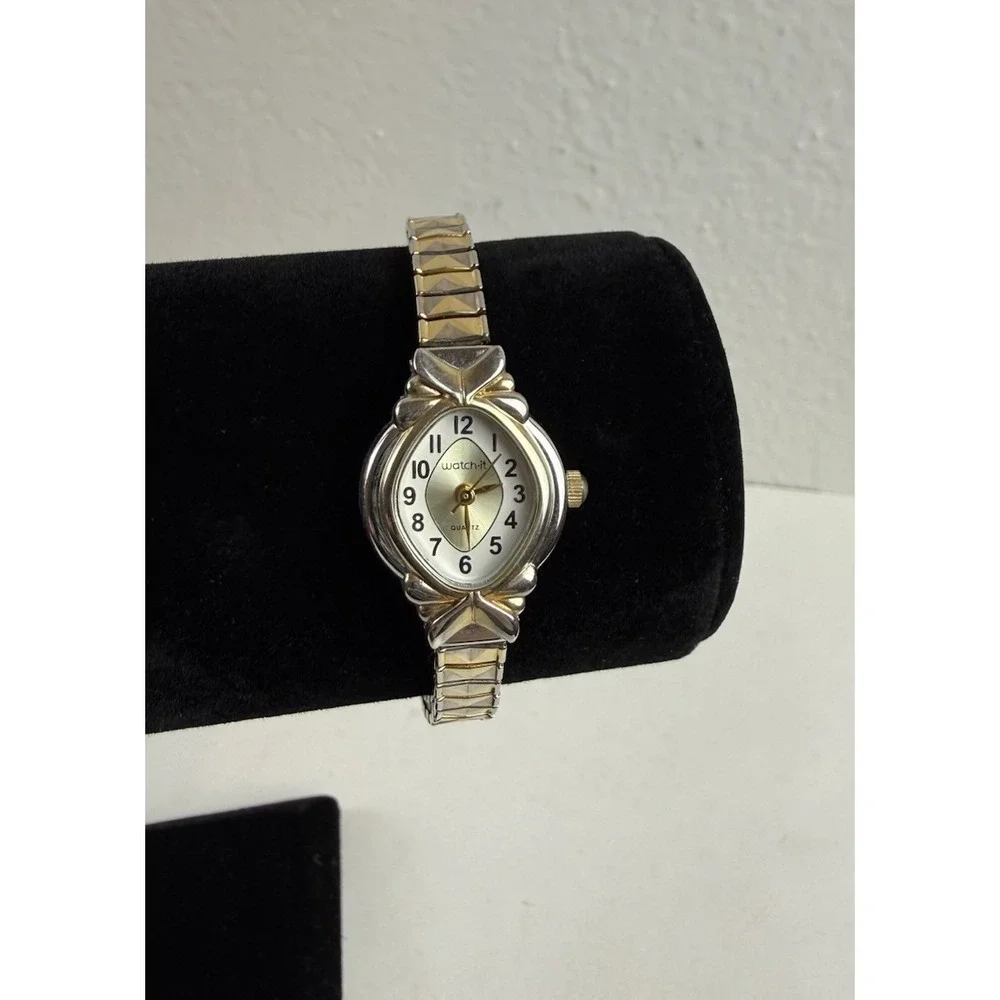 Watch It 90s Vintage Gold Silver 2 Tone Oval Quartz Stretch Band Bracelet Watch